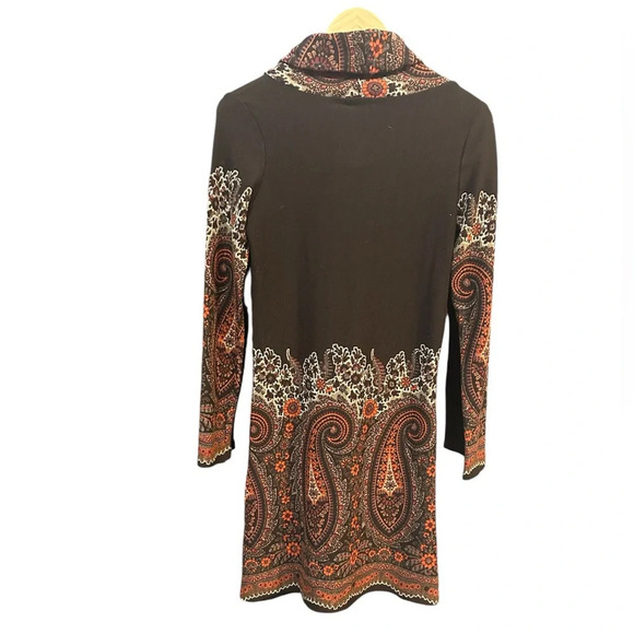Vintage style Natura Dress brown long sleeve w/ cowl neck & 70s print. - Picture 2 of 8